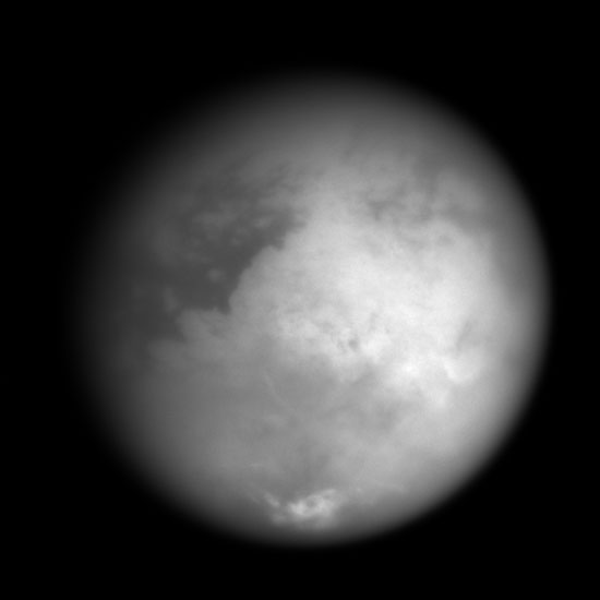 Grayscale view of Titan's surface; bright continent in middle of hemisphere Grayscale view of Titan's surface; bright continent in middle of hemisphere
