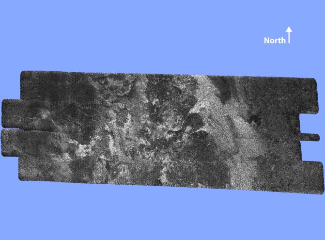 Black and white view of a strip of Titan's surface Black and white view of a strip of Titan's surface